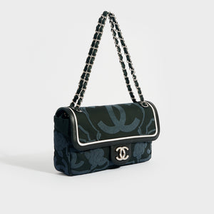 CHANEL Camelia Canvas Single Flap Double Chain Bag in Black with White Leather Trim 2008 - 2009
