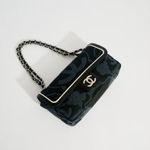 Load image into Gallery viewer, CHANEL Camelia Canvas Single Flap Double Chain Bag in Black with White Leather Trim 2008 - 2009