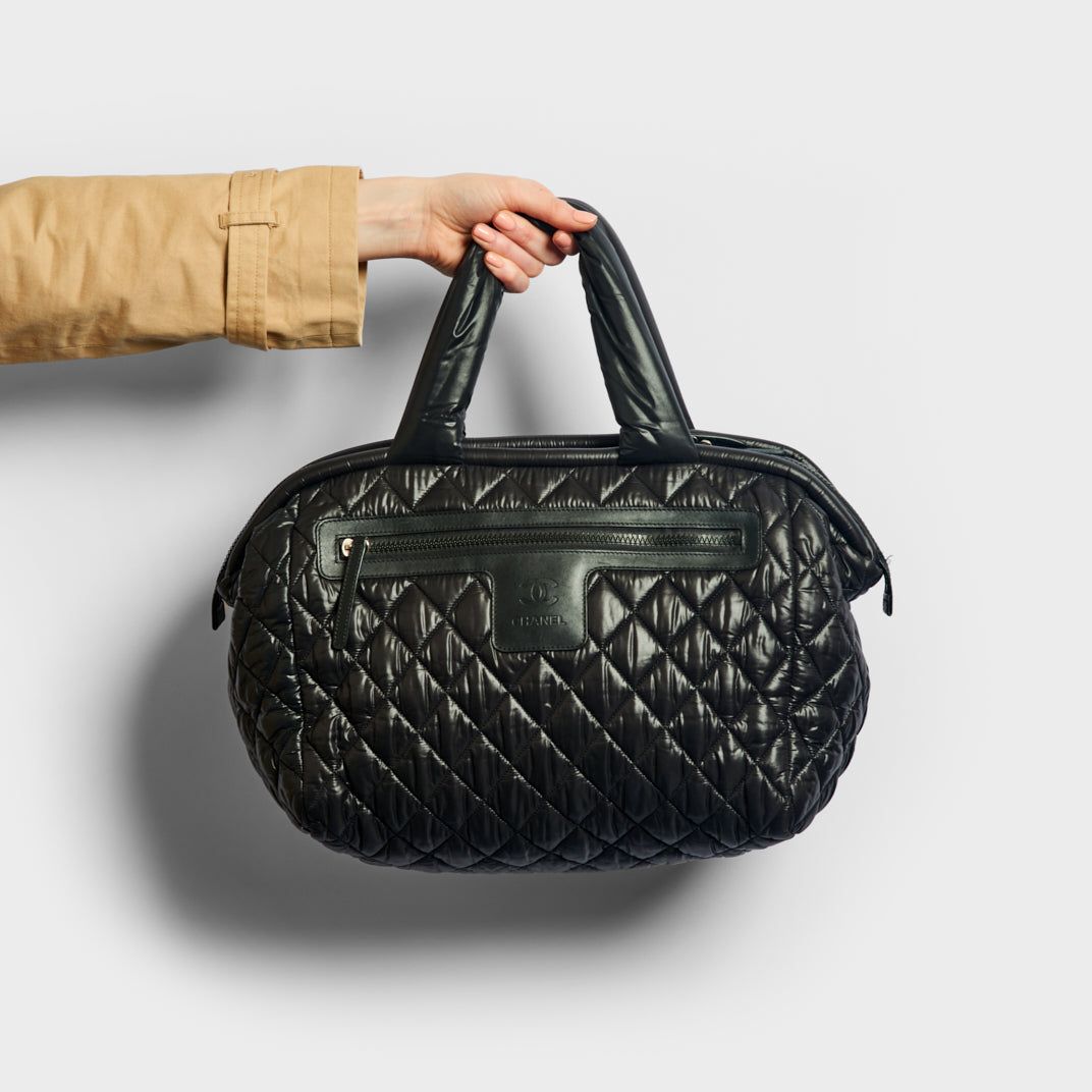 CHANEL Coco Cocoon PM Nylon Tote Bag Handbag Leather Black For
