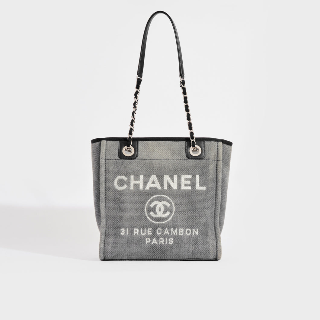 CHANEL DEAUVILLE LINE Chain Tote Bag MM Coco Mark Canvas Gray Women