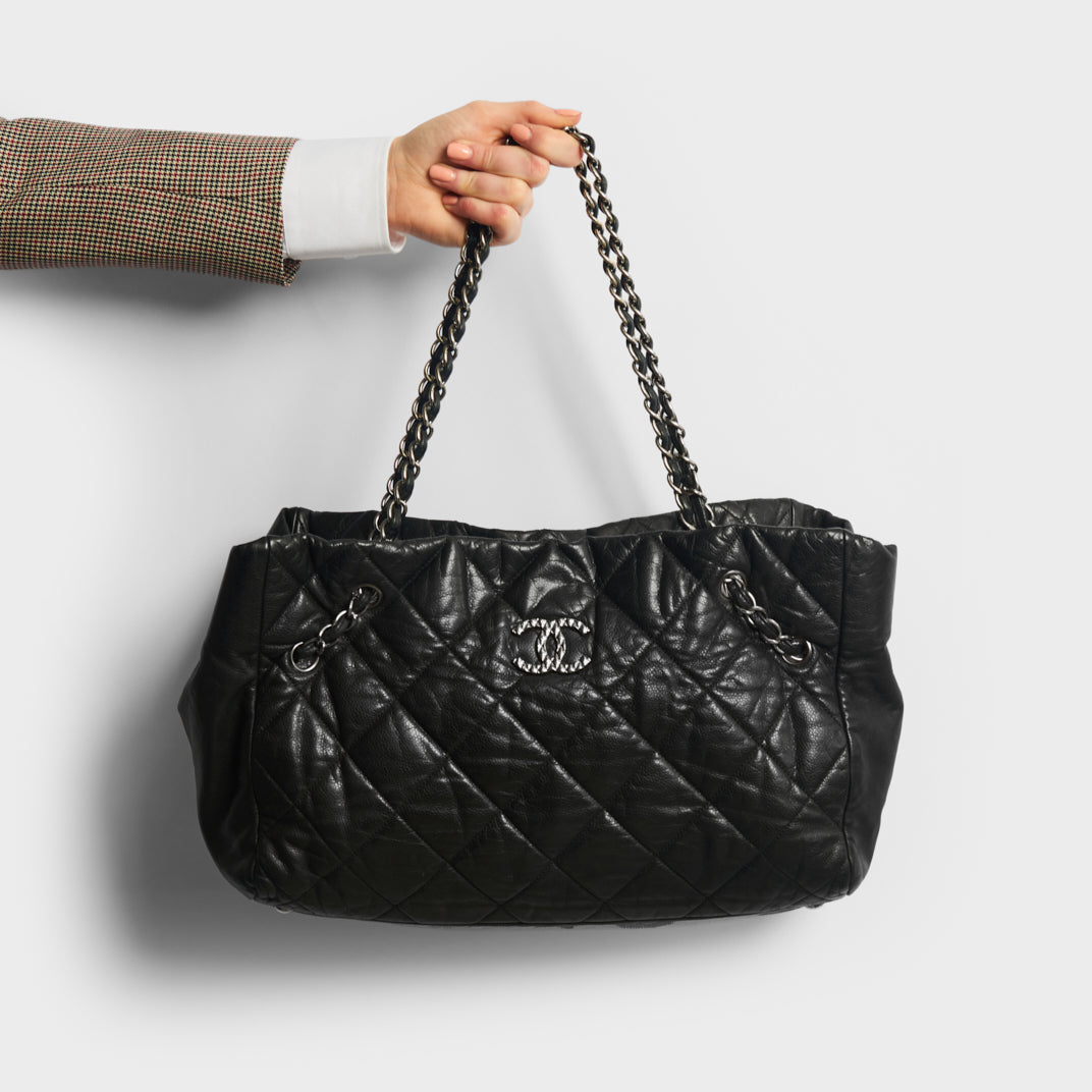 CHANEL Large Diamond Quilted Coco Chain Tote with Silver Hardware