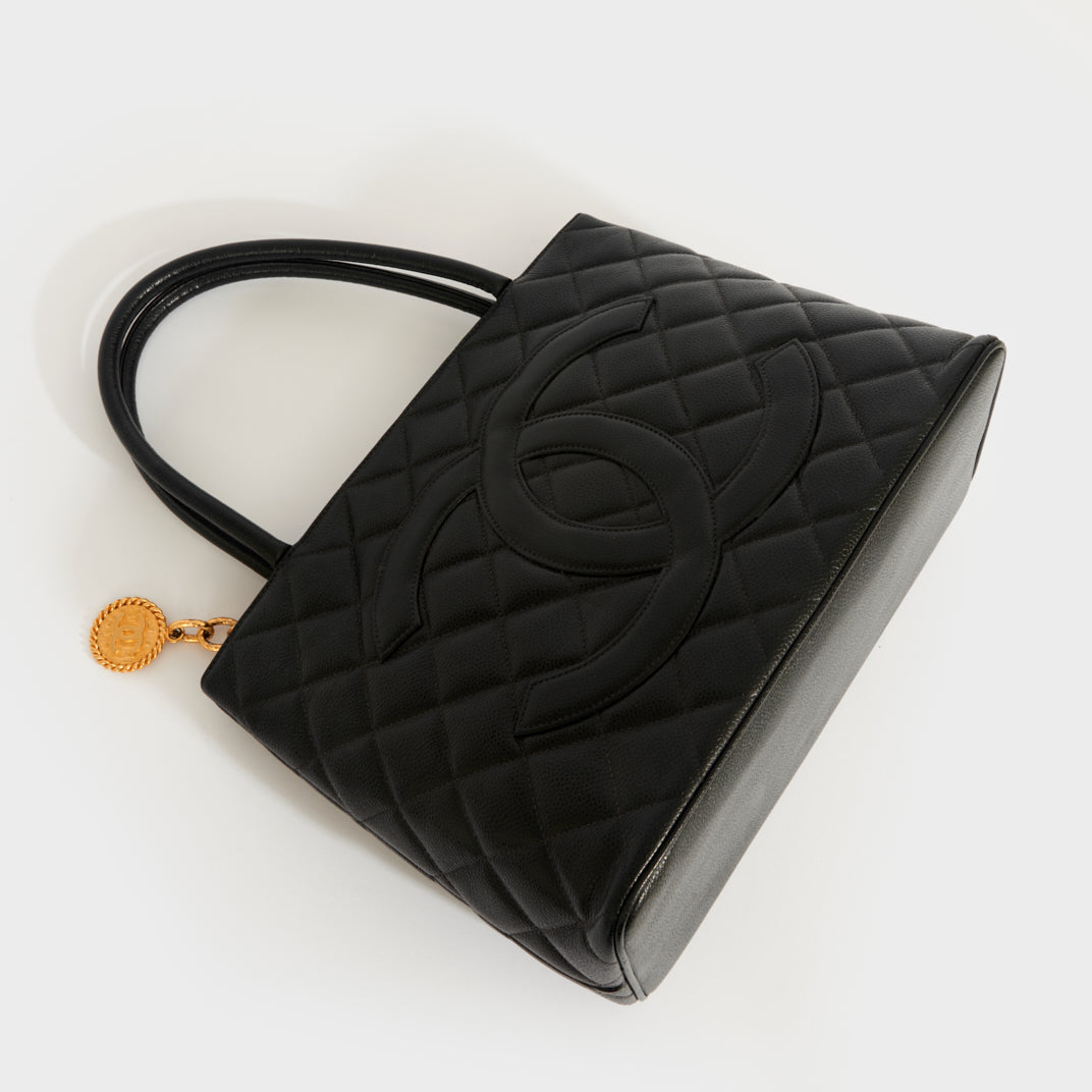 Chanel Vintage Black Quilted Caviar Medallion Tote Gold Hardware