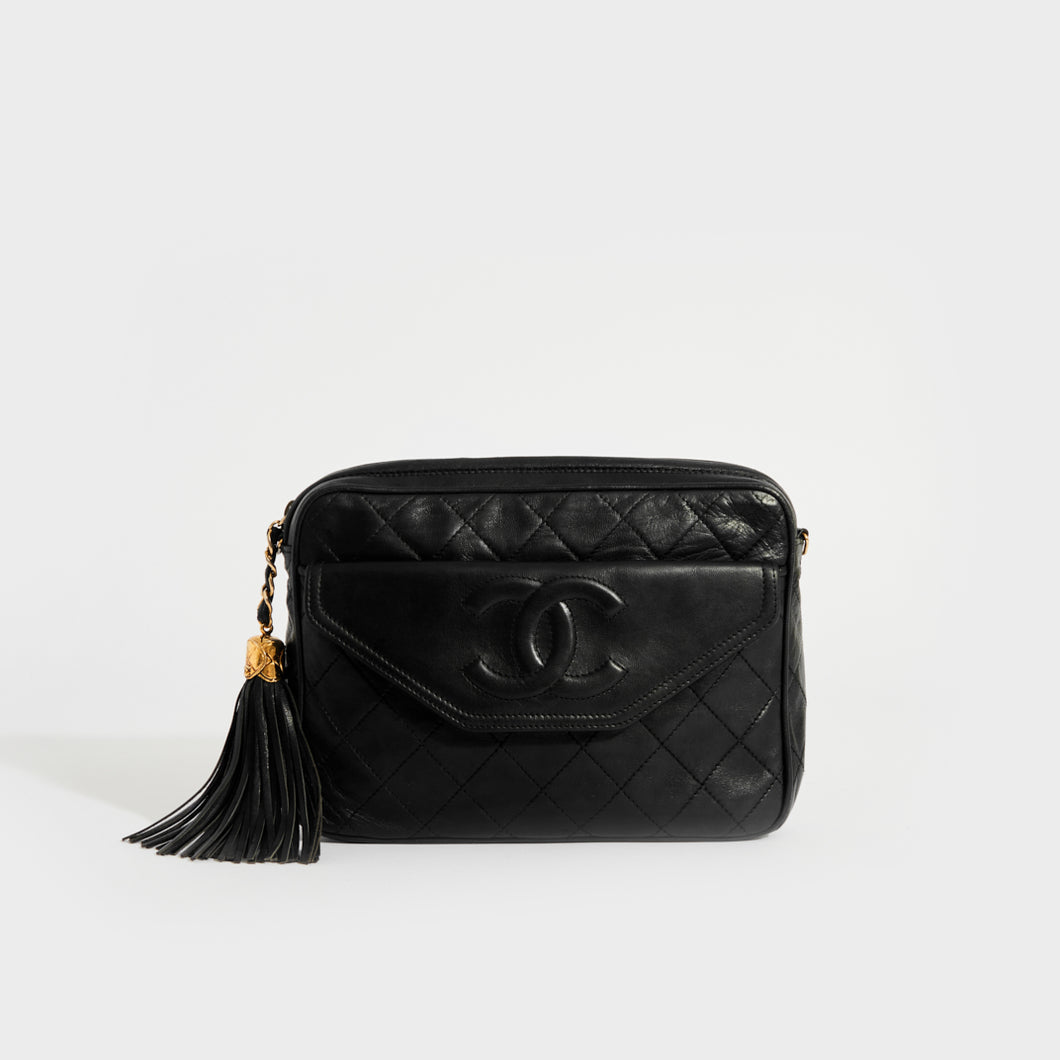 CHANEL Vintage CC Diamond Quilted Tassel Crossbody Bag in Black Leather 