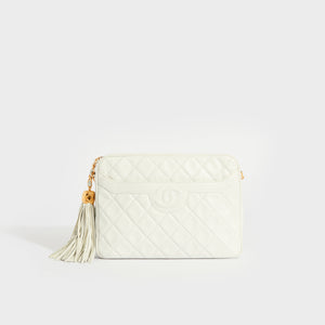CHANEL CC Diamond-Quilted Tassel Crossbody Bag in White 2017 [ReSale]