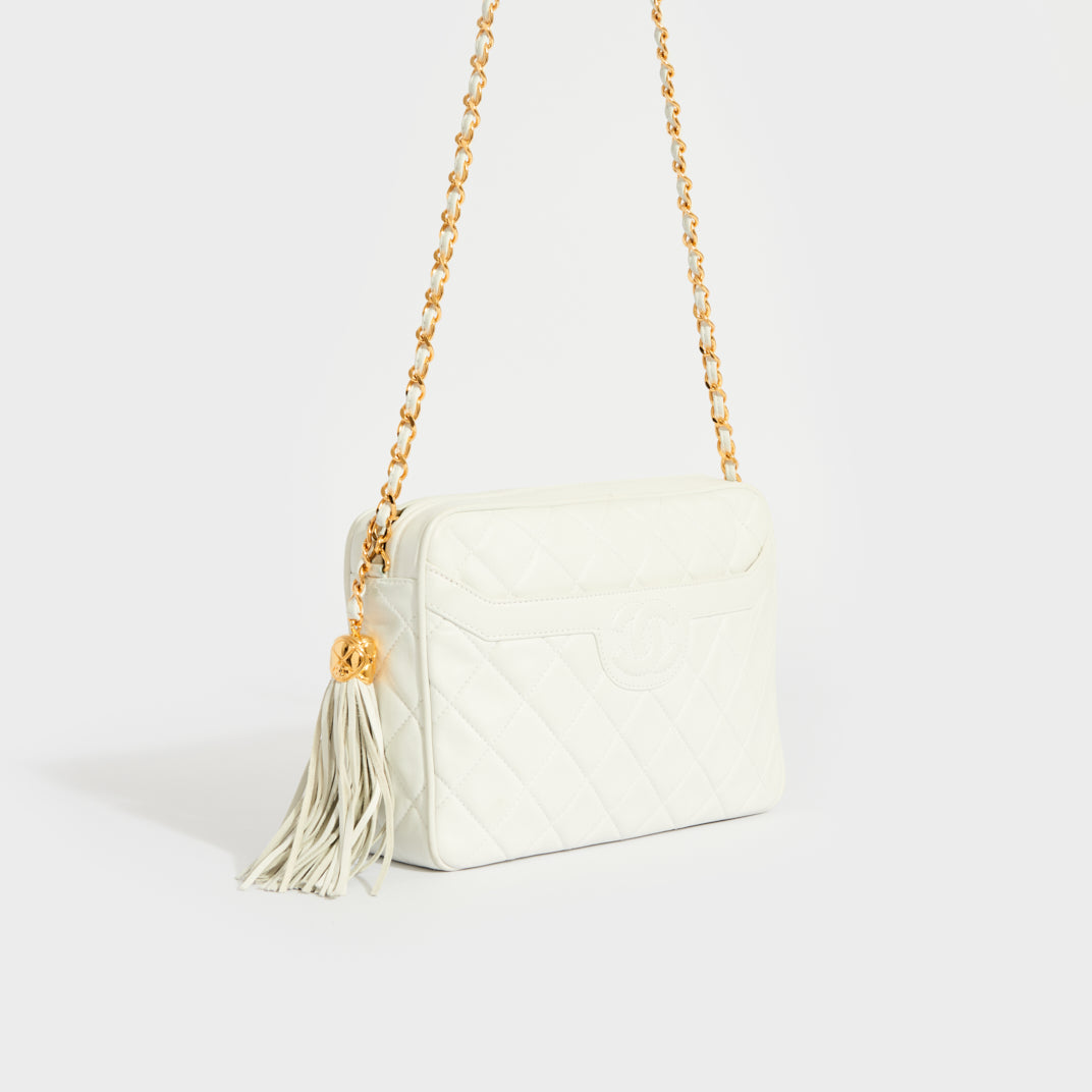 CHANEL Vintage CC Diamond-Quilted Tassel Crossbody Bag in White