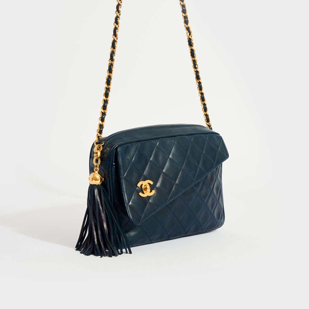 Vintage Chanel Navy Blue Leather CC Flap Chain Strap Quilted Tassel Bag