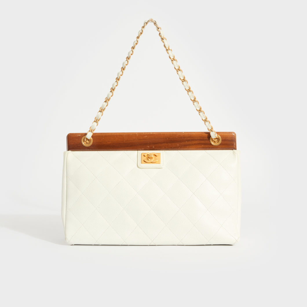 CHANEL Quilted Caviar Wood Shoulder Bag with Chain in White 2003 - 2004
