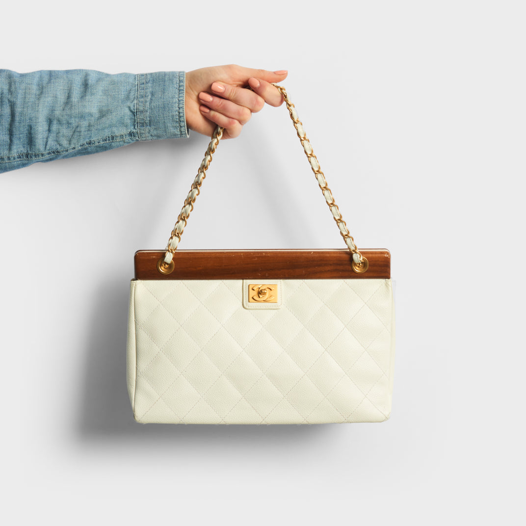 Chanel Ivory Quilted Caviar Leather Easy Tote Shoulder Bag - Yoogi's Closet