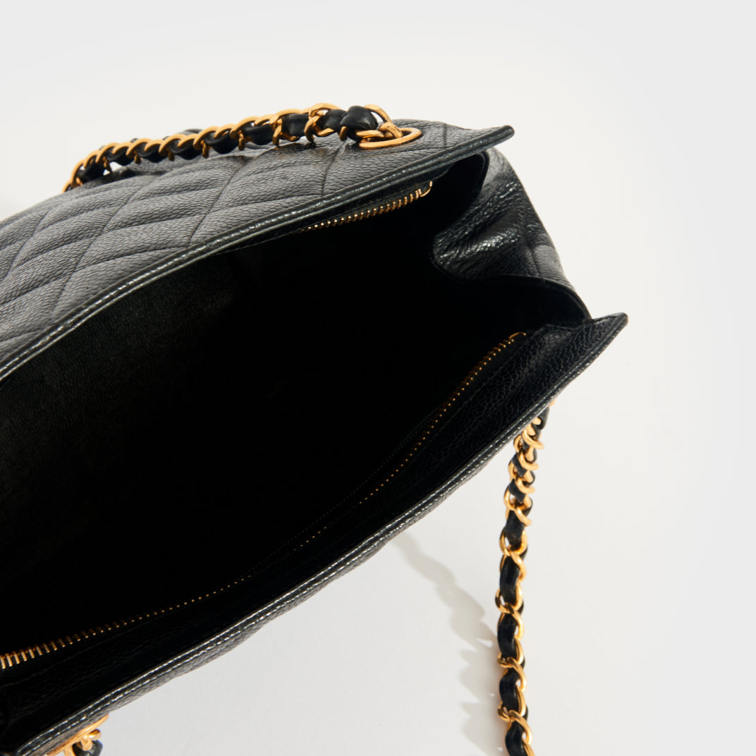 Vintage CHANEL Black Caviar Matelasse Chain Shoulder Bag With