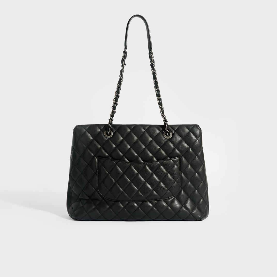 Chanel Shopping Tote Quilted Grand Gst Black Patent Leather