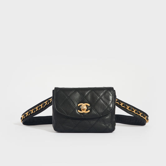 Vintage CC Single Flap Lambskin Belt Bag in Black