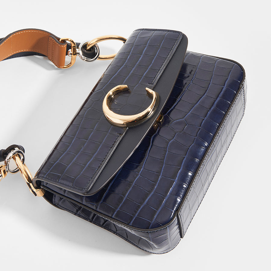 C Double Carry Shoulder Bag in Navy Croc Effect Leather