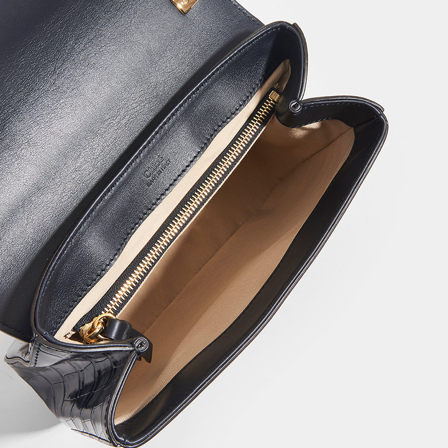 C Double Carry Shoulder Bag in Navy Croc Effect Leather