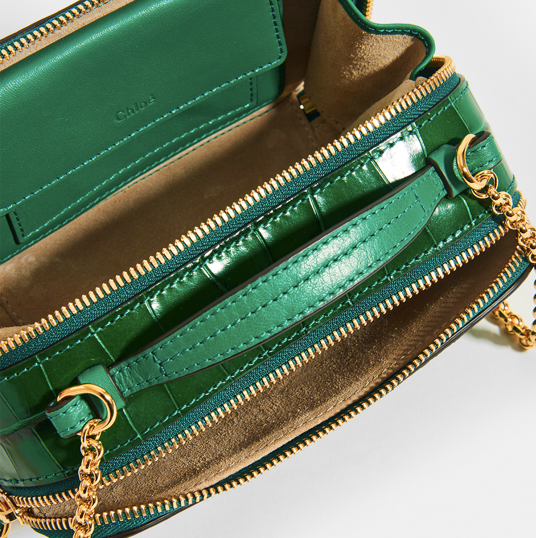 Inside of CHLOÉ C Mini Vanity Shoulder Bag in Green Croc-Effect Leather