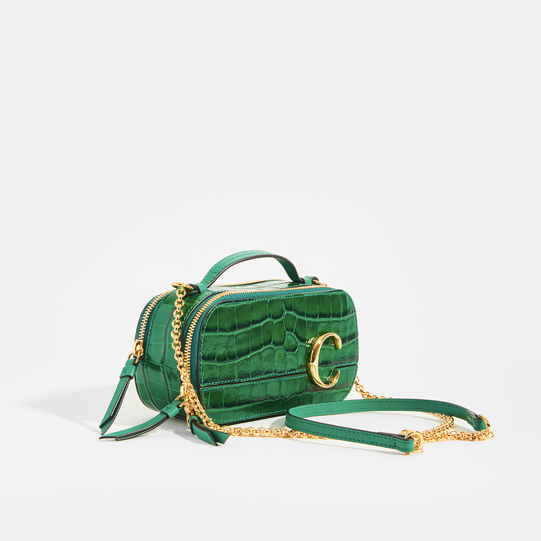 Side of CHLOÉ C Mini Vanity Shoulder Bag in Green Croc-Effect Leather