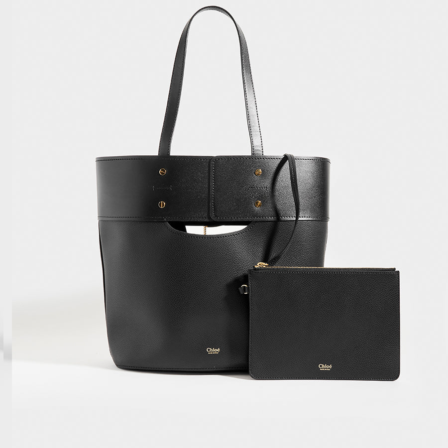 Read of CHLOÉ Aby Large Smooth and Grained Leather Tote in Black with small pouch