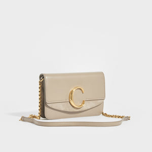 SIDE VIEW OF CHLOÉ "C" Clutch With Chain in Motty Grey