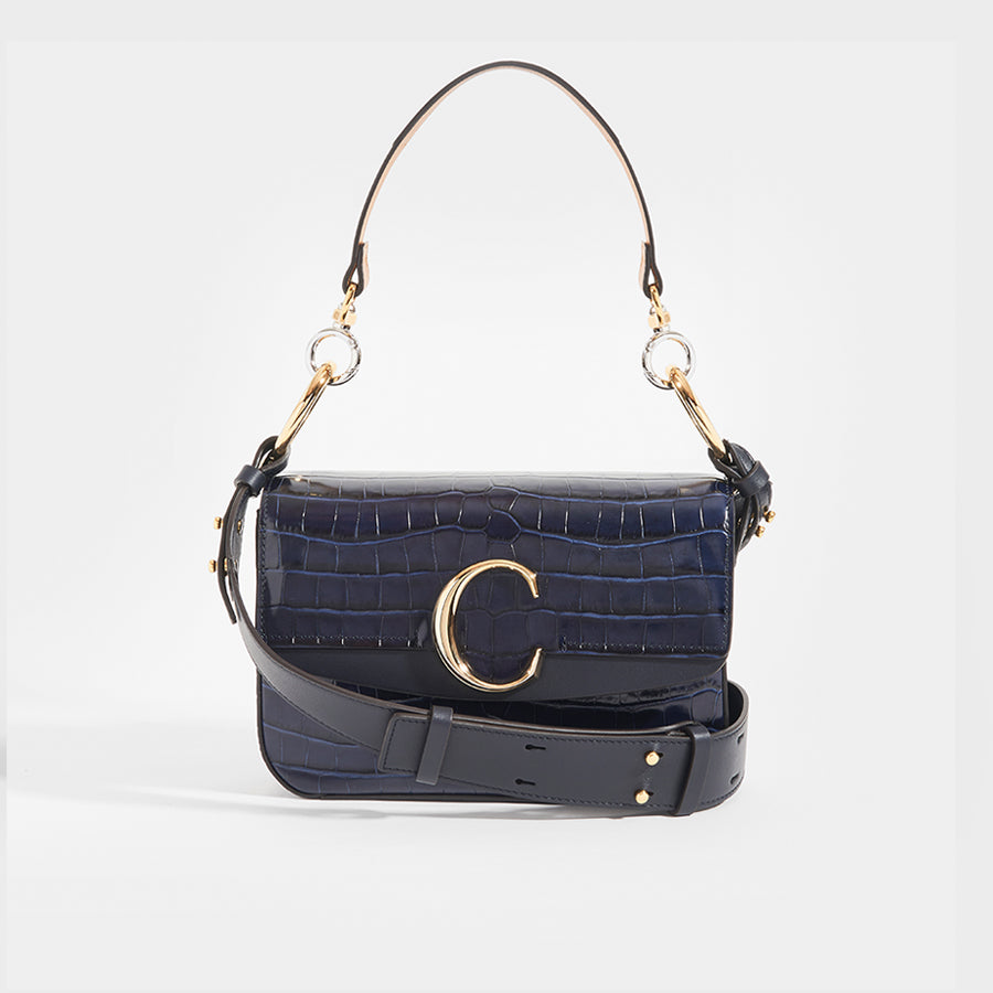 CHLOÉ C Double Carry Shoulder Bag in Navy Croc Effect Leather
