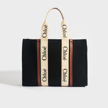 Load image into Gallery viewer, Front view of Chloe woody large tote in black with tan leather in felt