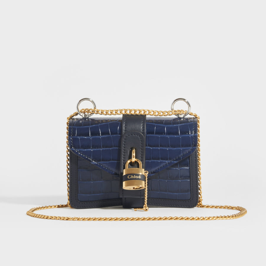CHLOÉ Mini Aby Chain Crocodile-effect Shoulder Bag in Navy