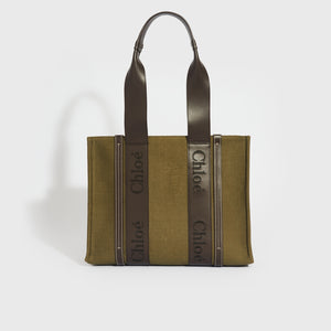 CHLOÉ Medium Linen-Canvas Woody Tote Bag in Green