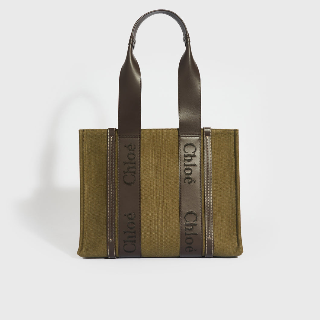 CHLOÉ Medium Linen-Canvas Woody Tote Bag in Green