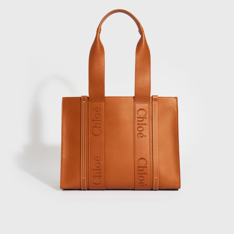 Medium Leather Woody Tote Bag in Tan