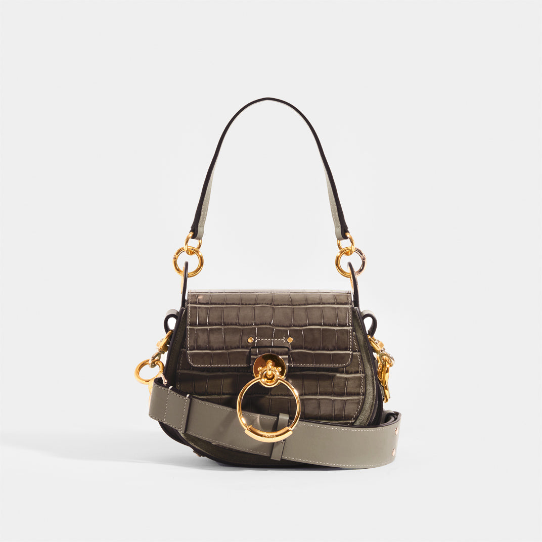 CHLOÉ Small Croc-Embossed Leather Tess Saddle Bag in Army Green