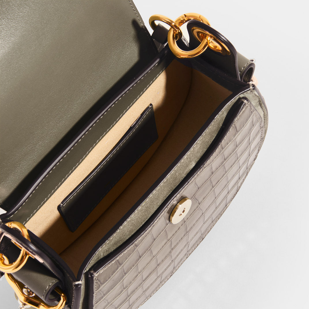 CHLOE Small Croc Embossed Leather Tess Saddle Bag in Army Green