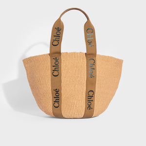 CHLOÉ Woody Printed Canvas and Leather-trimmed Raffia Tote