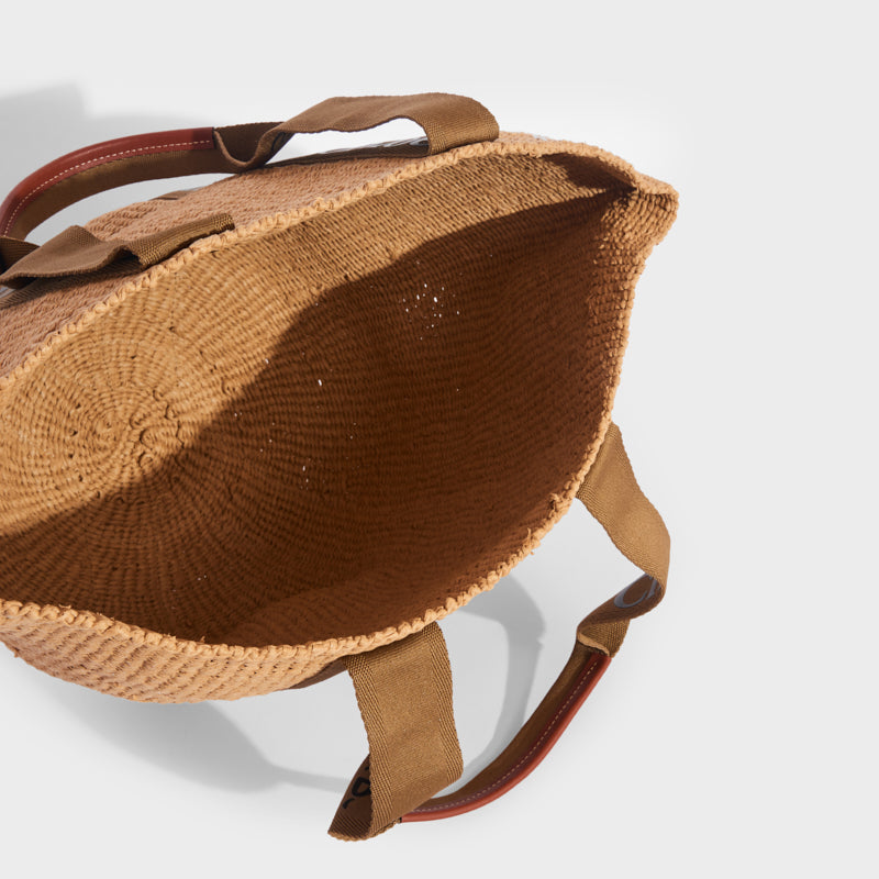 Woody Printed Canvas and Leather-trimmed Raffia Tote