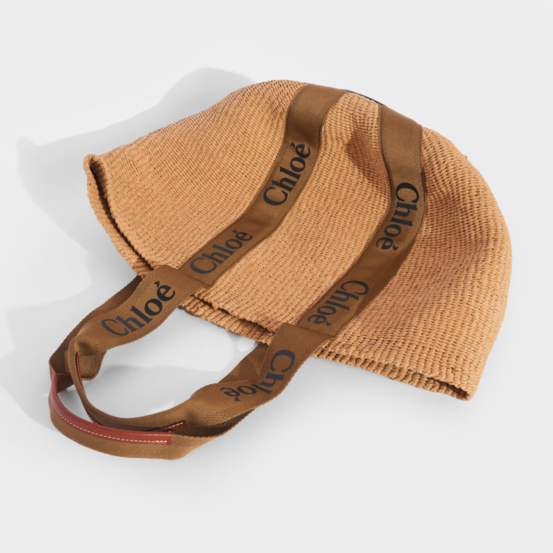 Woody Printed Canvas and Leather-trimmed Raffia Tote
