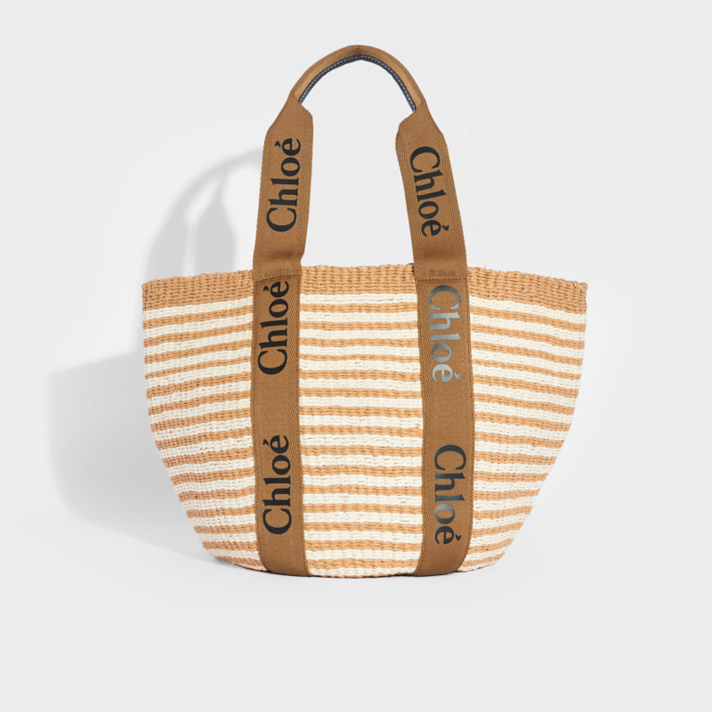 CHLOÉ Woody Large Striped Raffia Tote with Ribbon