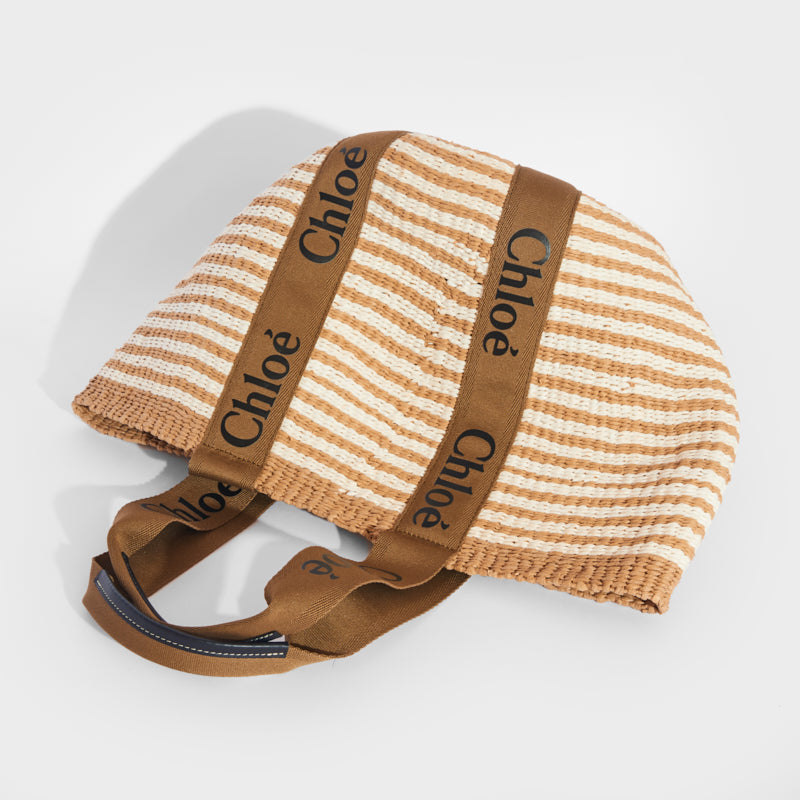 CHLOÉ Woody Large Striped Raffia Tote with Ribbon