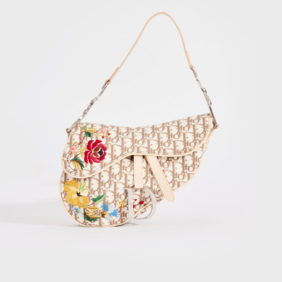Dior Saddle Shoulder Bag in White and Brown Canvas with Embroidered Flowers