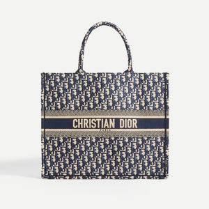 Front view of Dior Oblique Blue Book Tote Bag in Blue