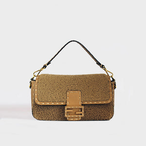 FENDI: Baguette bag in raffia with embroidered FF monogram - Beige