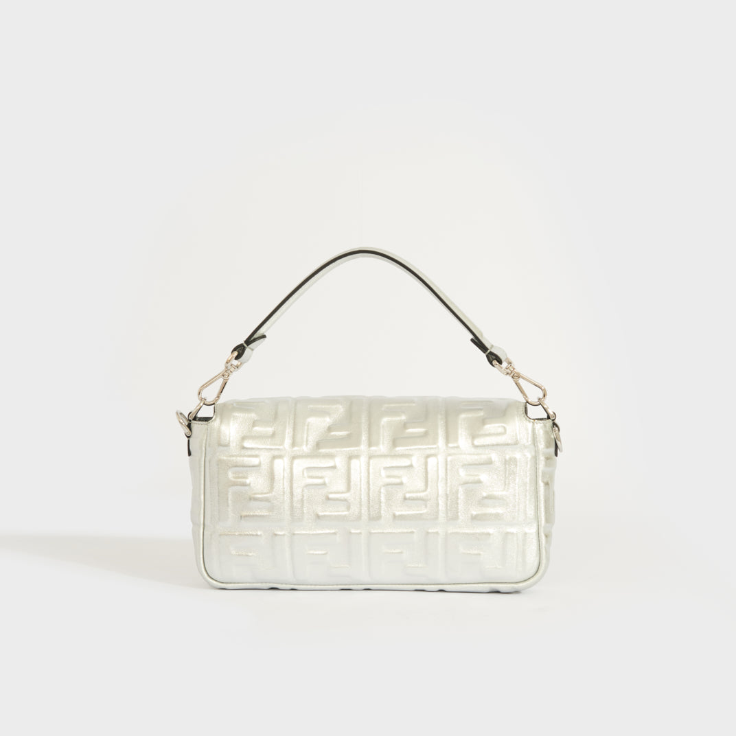 Small Zucca Baguette Bag in Silver Embossed Leather