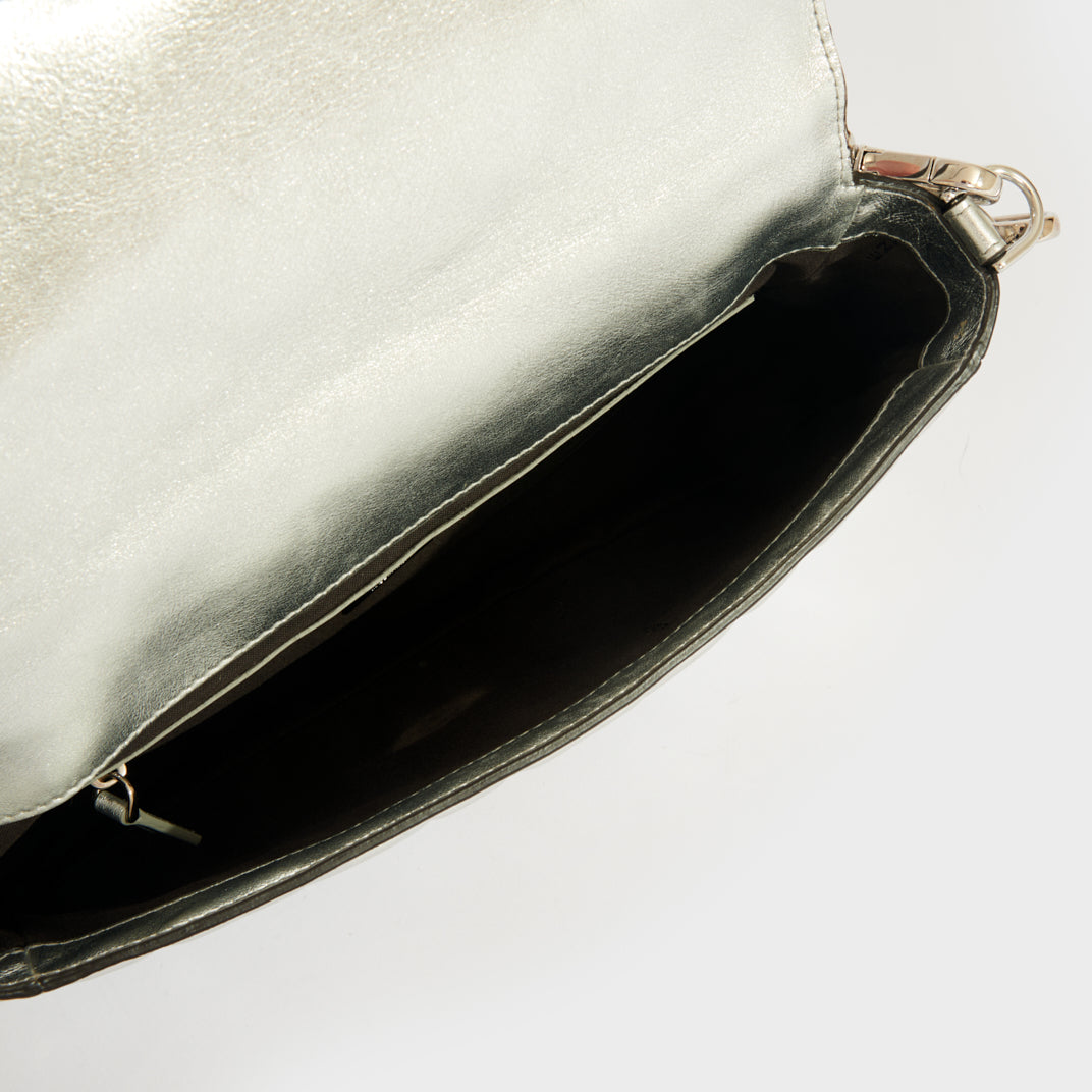 Small Zucca Baguette Bag in Silver Embossed Leather