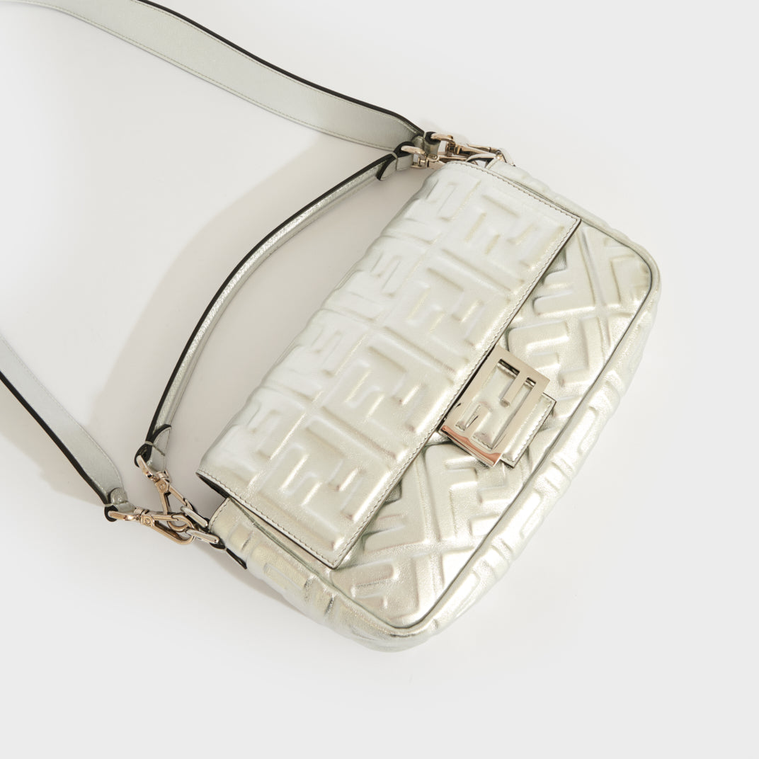 Small Zucca Baguette Bag in Silver Embossed Leather