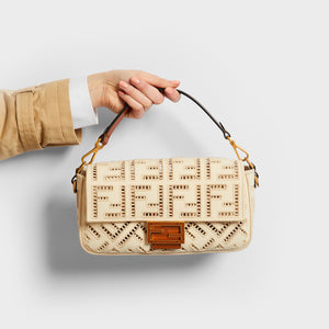 FENDI Baguette Bag in White Canvas with Embroidery