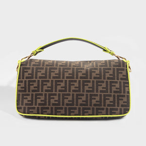 FENDI Large Baguette Bag in Brown Canvas with Yellow Trim