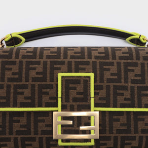 FENDI Large Baguette Bag in Brown Canvas with Yellow Trim