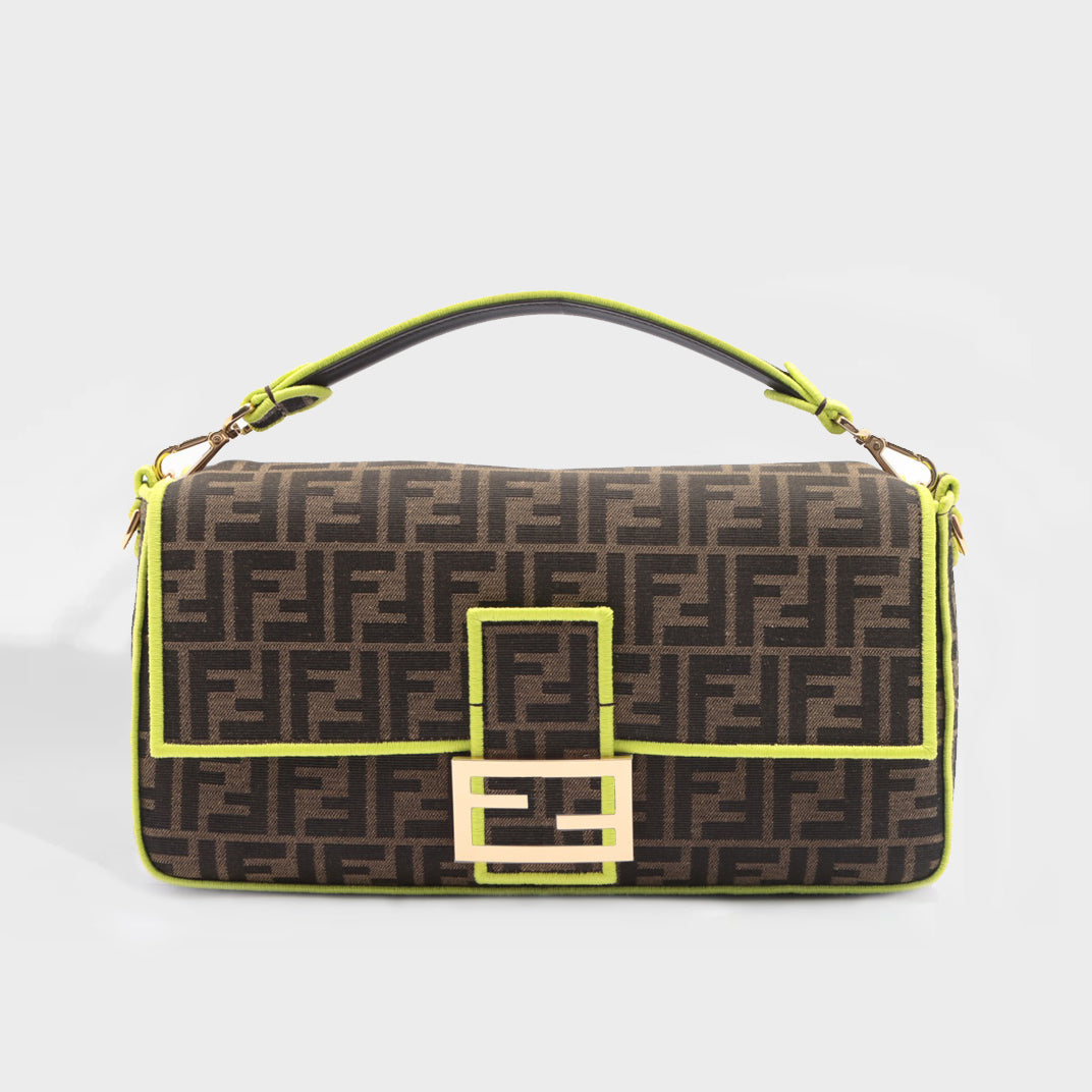FENDI Large Baguette Bag in Brown Canvas with Yellow Trim