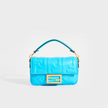 Load image into Gallery viewer, Front view of the FENDI Mini Baguette Bag in Turquoise Embossed Leather