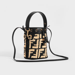 FENDI Mon Tresor Mini FF-Logo Raffia Bucket Bag