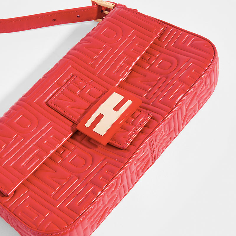FENDI Vintage Red Leather Baguette Bag - Close Up