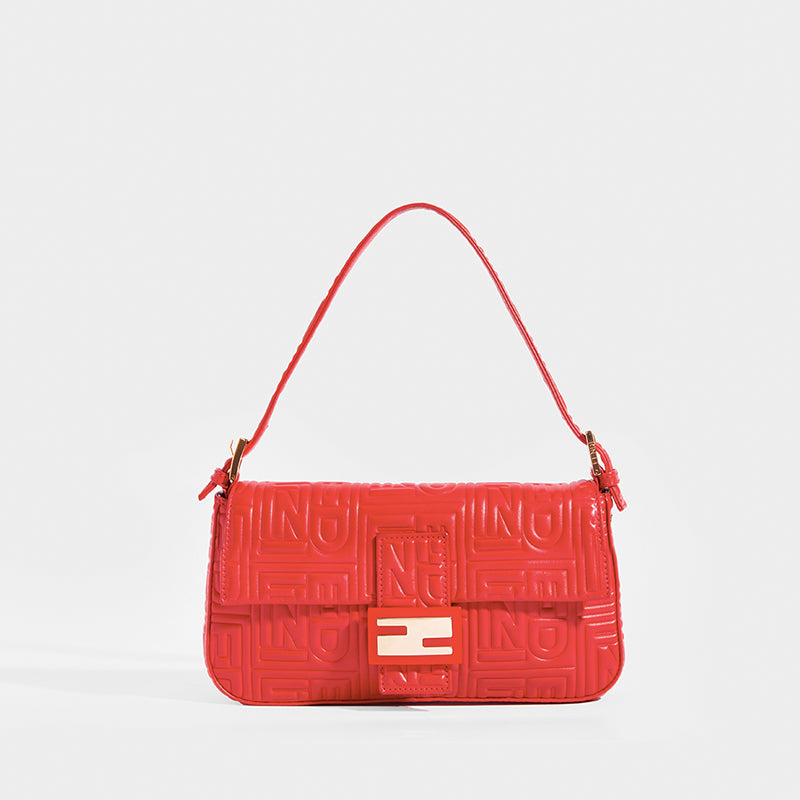 FENDI Vintage Red Leather Baguette Bag with Shoulder Strap and Reverse FF logo