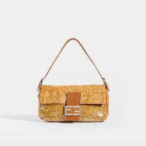 FENDI Vintage Baguette Bag in Gold Sequins with Tan Leather Trim