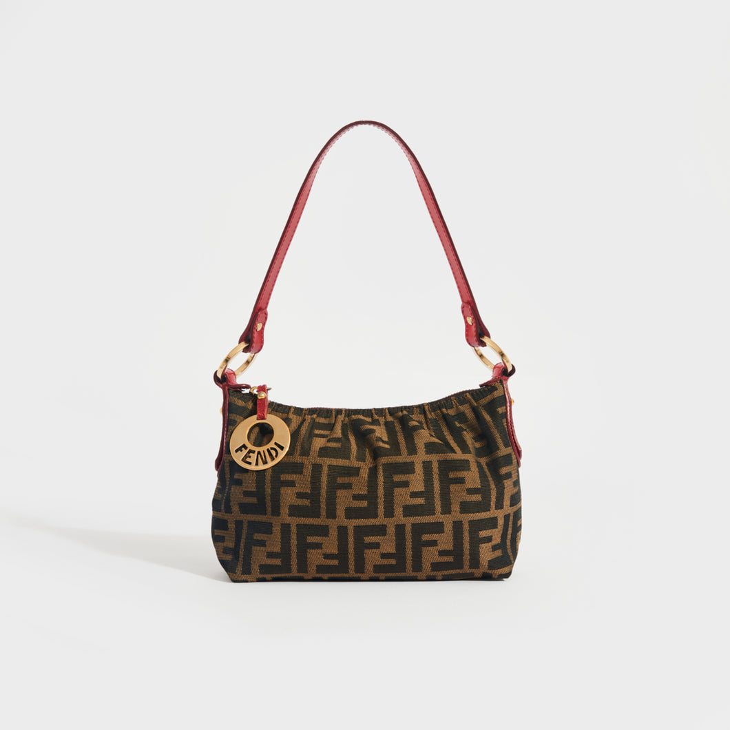 FENDI Zucca Canvas and Leather Bag in Brown with Red